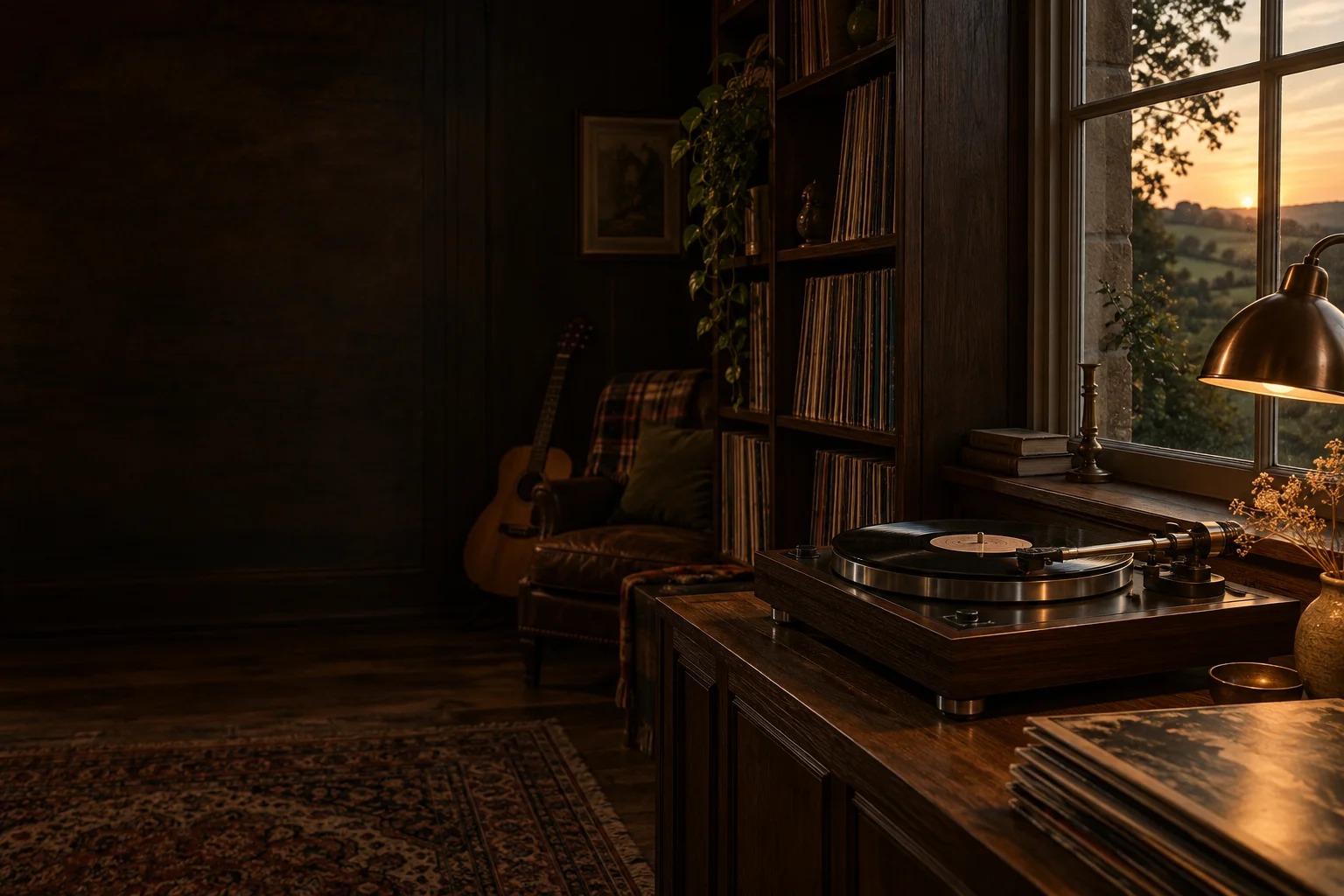 The imagined Listening Room: walnut shelves, records and warm evening light